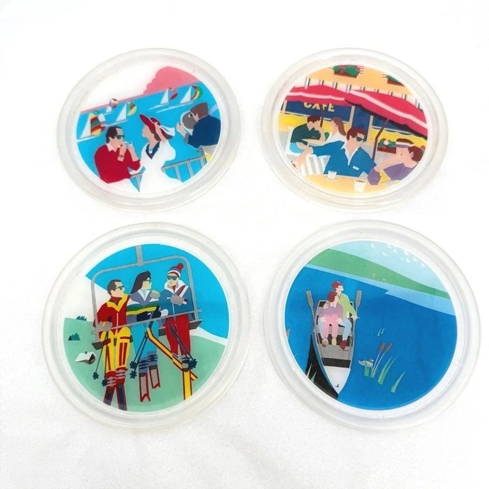 Vintage Kitsch Colorful Plastic Drink Coasters Vacation Scenes Set of 4 Barware